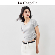 拉夏贝尔/La ChapelleV领短袖T恤女夏季辣妹褶皱收腰显瘦短款上衣