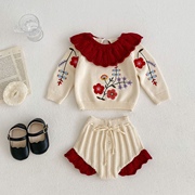 韩版婴儿衣服秋冬套装，女宝宝绣花毛衣，针织上衣短裤洋气分体两件套