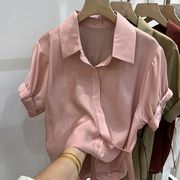 欧货天丝短袖休闲衬衫女夏季时尚薄款设计感斜扣袖口卷边纯色衬衣