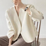 韩国chic极简主义秋季法式v领编织设计宽松休闲长袖粗花呢外套女