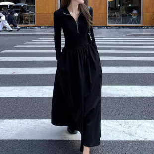 法式赫本风黑色长袖连衣裙子女，早秋装2023高级感显瘦长裙春季