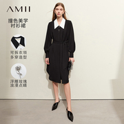 Amii极简黑色娃娃领连衣裙女2024春季法式通勤裙子衬衫裙长裙
