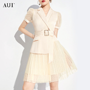 aui杏色高级感假两件西装连衣裙，女2023夏款职业设计感高腰网纱裙