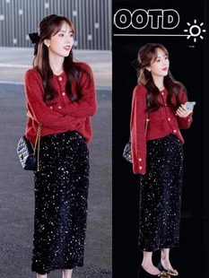 冬装搭配一整套今年流行漂亮韩剧穿搭小香风红色毛衣裙子两件套装