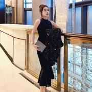 黑色金丝绒连衣裙女中长款2024韩版夏季气质名媛，收腰无袖裙子