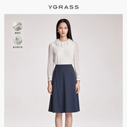 VGRASS复古荷叶领真丝长袖白衬衫女23春微H版型VSX3O10670
