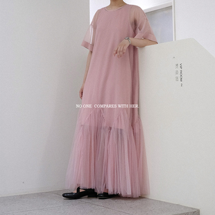 与她原创小众设计 夏秋粉色宽松网纱拼接t恤仙女连衣裙长裙2件套