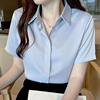 蓝色衬衫女2024夏季设计感小众雪纺，上衣韩版短袖职业装，宽松白衬衣(白衬衣)