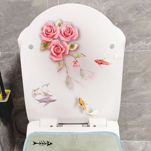 可移除墙贴马桶贴纸中国风粉红色玫瑰贴画自粘防水瓷砖卫生间装饰