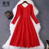 红色蕾丝连衣裙高腰修身气质长袖，v领高腰，新娘a字蓬蓬中裙春季