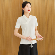 中国风改良版短袖t恤女夏内搭上衣针织禅意，白色斜襟中衣中式上衣