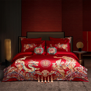 120支高端长绒棉婚庆四件套大红色，纯棉喜被龙凤，刺绣结婚床上用品4