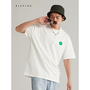 blkpink2022夏季绿盒子，t恤男士短袖，圆领白色宽松型上衣