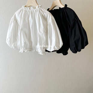 2024韩版春季纯色衬衫白色，黑色宽松韩系松紧领套头衬衫