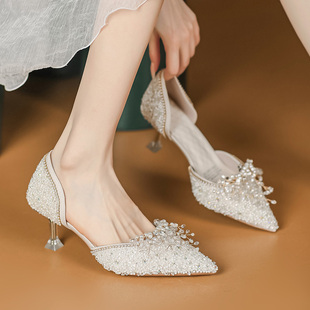 水晶高跟鞋女夏法式小众设计水钻珍珠花朵中空包头凉鞋宴会伴娘鞋