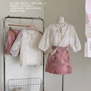 新中式米色刺绣衬衫气质七分袖上衣+A字半身短裙子2024夏季淑女装