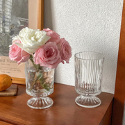欧式风复古浮雕透明玻璃，高脚花瓶轻奢高级感水养插花餐桌装饰摆件