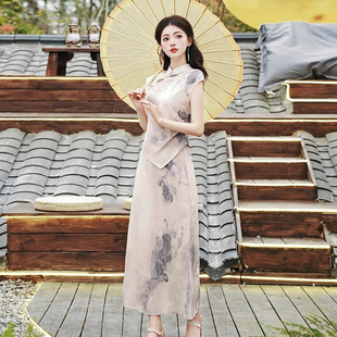 新中式国风优雅端庄水墨晕染上衣女夏搭配高腰气质半身裙两件套装