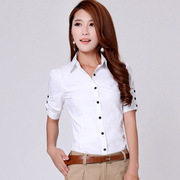 韩国女装职业衬衫棉通勤白色修身短袖显瘦翻领OL女式纯色上衣