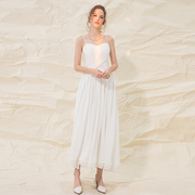气质吊带加长连衣裙白色绝美褶皱夏高级感温柔风希腊女神及踝长裙