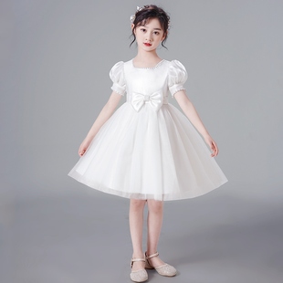 女童礼服公主裙花童钢琴，主持小女孩白色纱裙夏季儿童蓬蓬裙演出服
