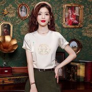 新中式国风流苏盘扣刺绣t恤衫女装夏季复古短袖，缎面雪纺上衣