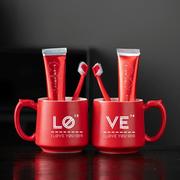 结婚洗漱杯一对情侣红色，刷牙杯套装陶瓷，婚礼杯子陪嫁婚庆用品定制