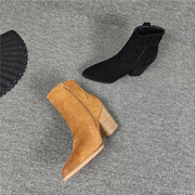 西部靴大码原单修脚尖头，粗跟高跟女靴，秋冬复古英伦风时装短靴