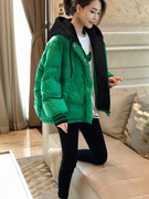 绿色短款羽绒棉服大码女冬季设计感小众假两件连帽厚外套棉衣