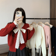 法式甜美风气质蕾丝系带V领针织衫女秋冬设计感红色毛衣开衫上衣
