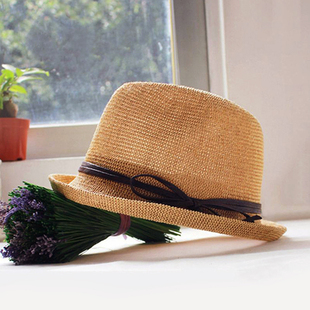帽子男士圆顶小礼帽英伦草帽，女夏天海边遮阳沙滩，帽时尚卷边爵士帽