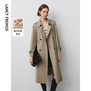 朗姿羊毛复古中长款风衣，外套法式设计感气质春季大衣女2024年