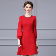 智丽重工钉珠圆领连衣裙，2024春季红色高腰，显瘦气质伞形a字裙亚麻