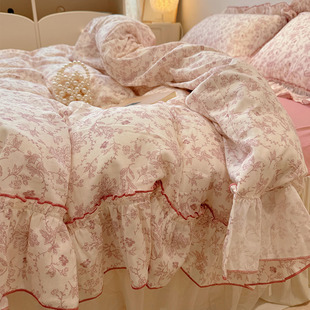 法式公主风床上四件套纯棉全棉，双层纱花边被套床单被罩三件套床裙