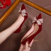 婚鞋女2024年新娘鞋酒红色，秀禾婚纱不累脚高跟鞋，法式结婚红鞋