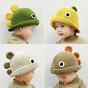 宝宝渔夫帽秋冬男女孩儿童，针织盆帽可爱卡通，恐龙毛线护耳保暖帽子