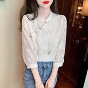 中国风雪纺衫女2024年夏季七分袖新中式，复古盘扣上衣女士衬衫