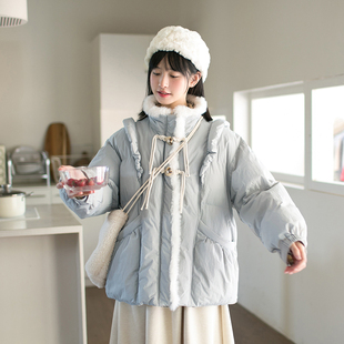 小雨良品日系毛领短款韩版蓝色羽绒服女冬季2023小个子面包服