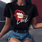 lipswomanblackt-shirt欧美性感嘴唇印花女士，黑色t恤街头