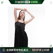 香港直邮潮奢 Topshop 女士 天鹅绒蕾丝中长吊带连衣裙(黑色)