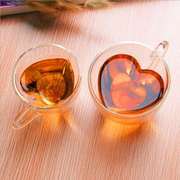 玻璃小花茶杯双层隔热品，茶杯耐热小茶杯，带把心形品茶杯