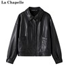 拉夏贝尔/La Chapelle黑色皮衣外套女秋季机车服宽松翻领外套