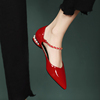 平底鞋女2024春季真皮，尖头平跟一字带单鞋，红色浅口小皮鞋瓢鞋