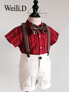 男童周岁红色礼服男宝宝生日宴会，花童立领短袖衬衫儿童英伦风套装