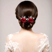 优雅韩式新娘盘发饰品红色头花复古夹子发夹边夹发卡花朵头饰配饰