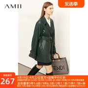 Amii2024春复古时髦小众配腰带仿蛋白皮PU皮衣外套女休闲