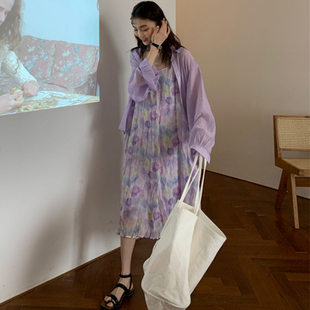 大码女装2024韩版人鱼姬吊带连衣裙+紫色防晒衬衫洋气套装潮