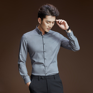 高级感衬衫男士长袖2024春季修身商务休闲灰色，寸衫免烫韩版衬衣