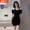 NASA联名气质性感短袖露肩吊带连衣裙女夏季韩版褶皱紧身包臀短裙