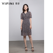 Yifini/易菲v领蕾丝雪纺碎花连衣裙女短袖中长款裙子夏